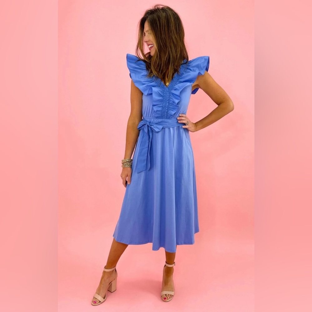 Ruffled Blue Midi Dress with Self-Tie Waist
